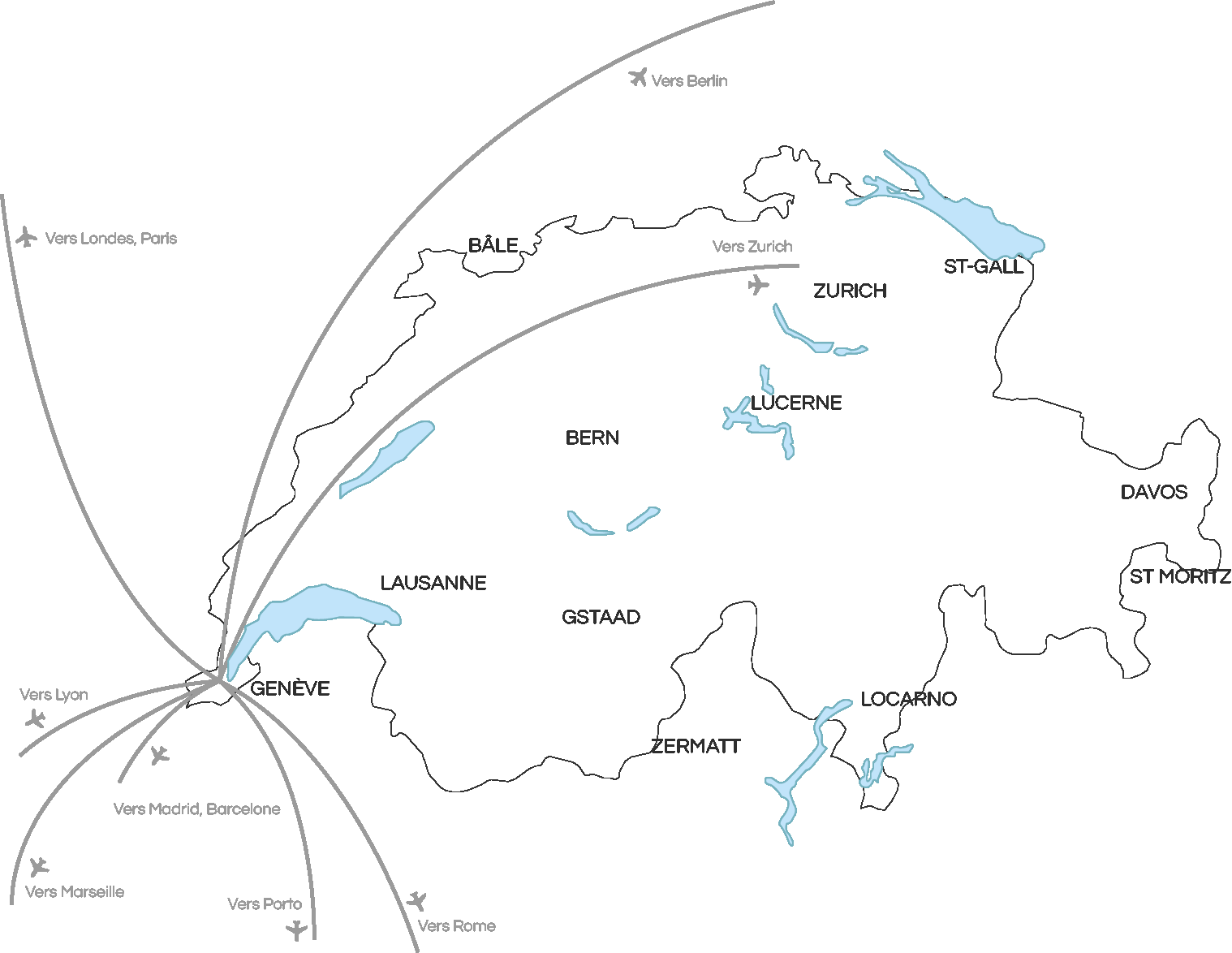 Carte aérienne en direction de la Suisse Hôtel D Genève · Hôtel 4* Genève Centre